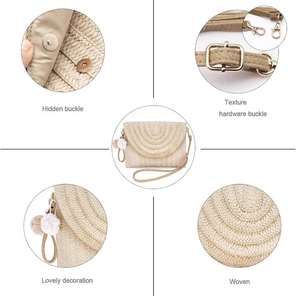 Straw Clutch Bag Woven Purse for Women Shoulder Bag Casual Beach Rattan Handmade - Picture 3 of 6
